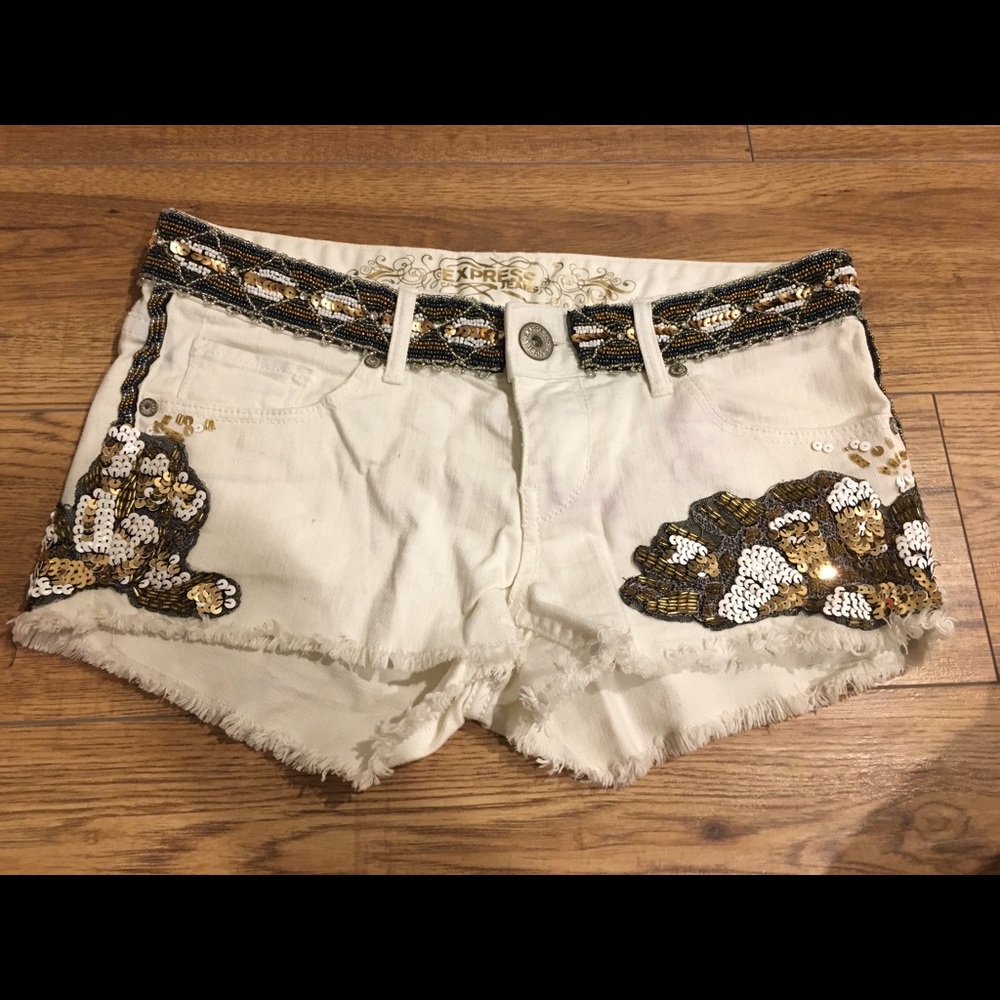 Express beaded & sequin white denim shorts